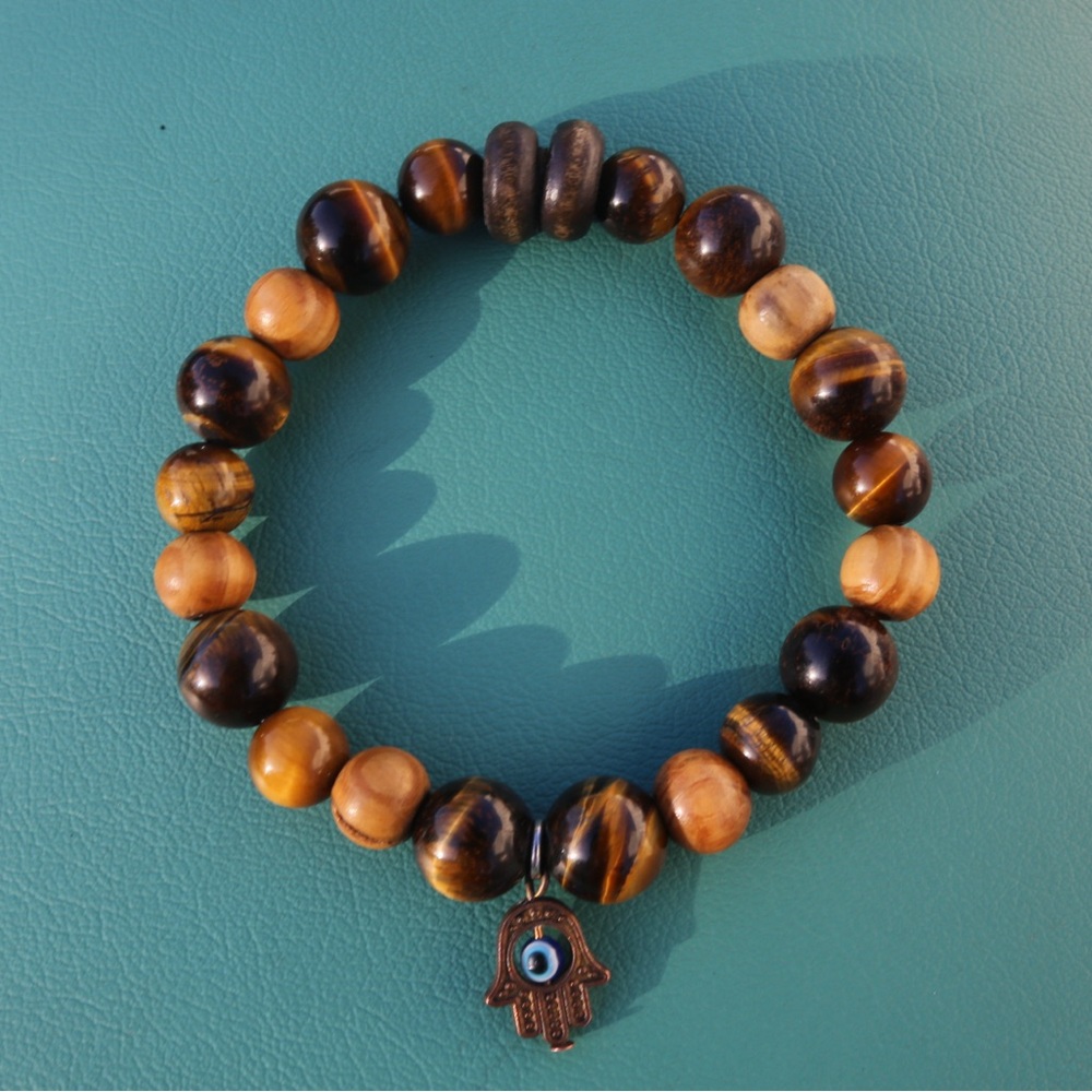 Tigers Eye Wooden Beaded Bracelet with Hamsa Charm